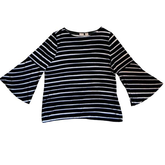 Chico's Travelers Black Stripe‎ Blouse Size XL Flare Sleeve Basic Capsule - Picture 1 of 7